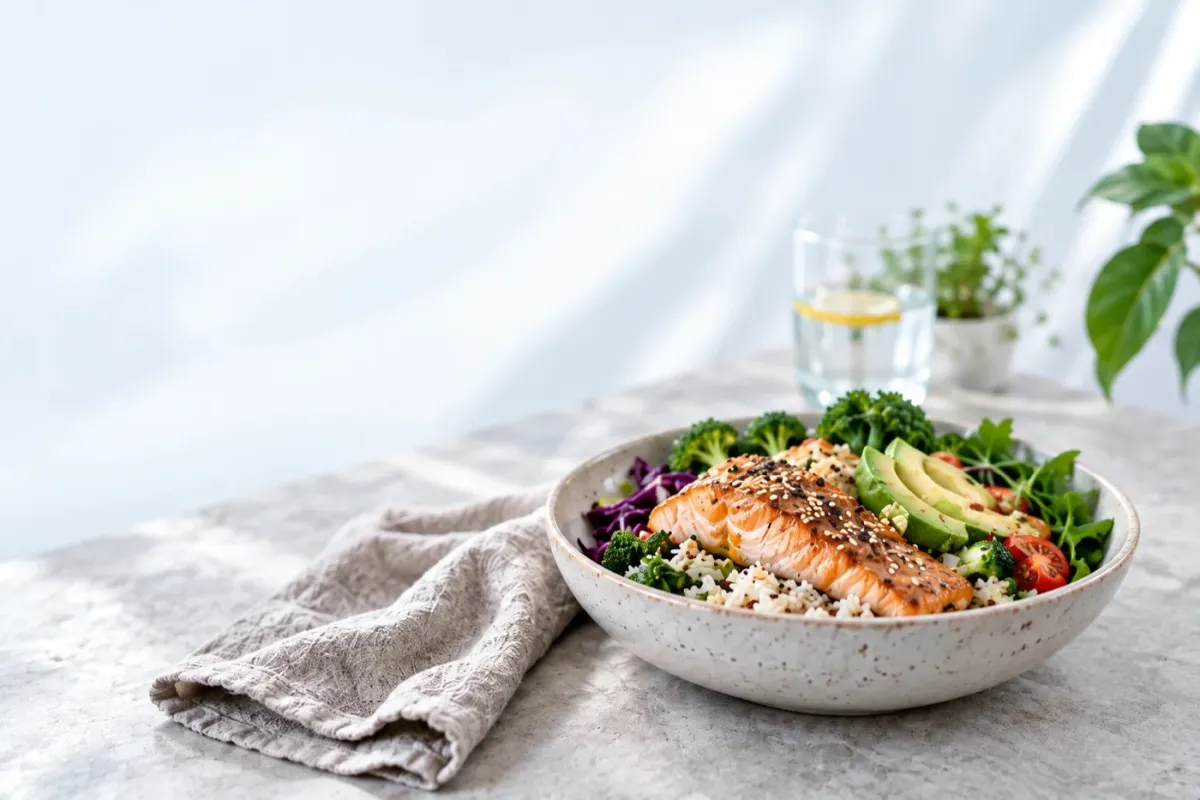 Bowl di salmone con sesamo, avocado e broccoli