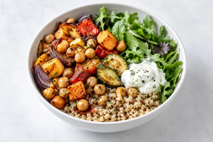 Bowl di verdure al forno con ceci, quinoa e rucola