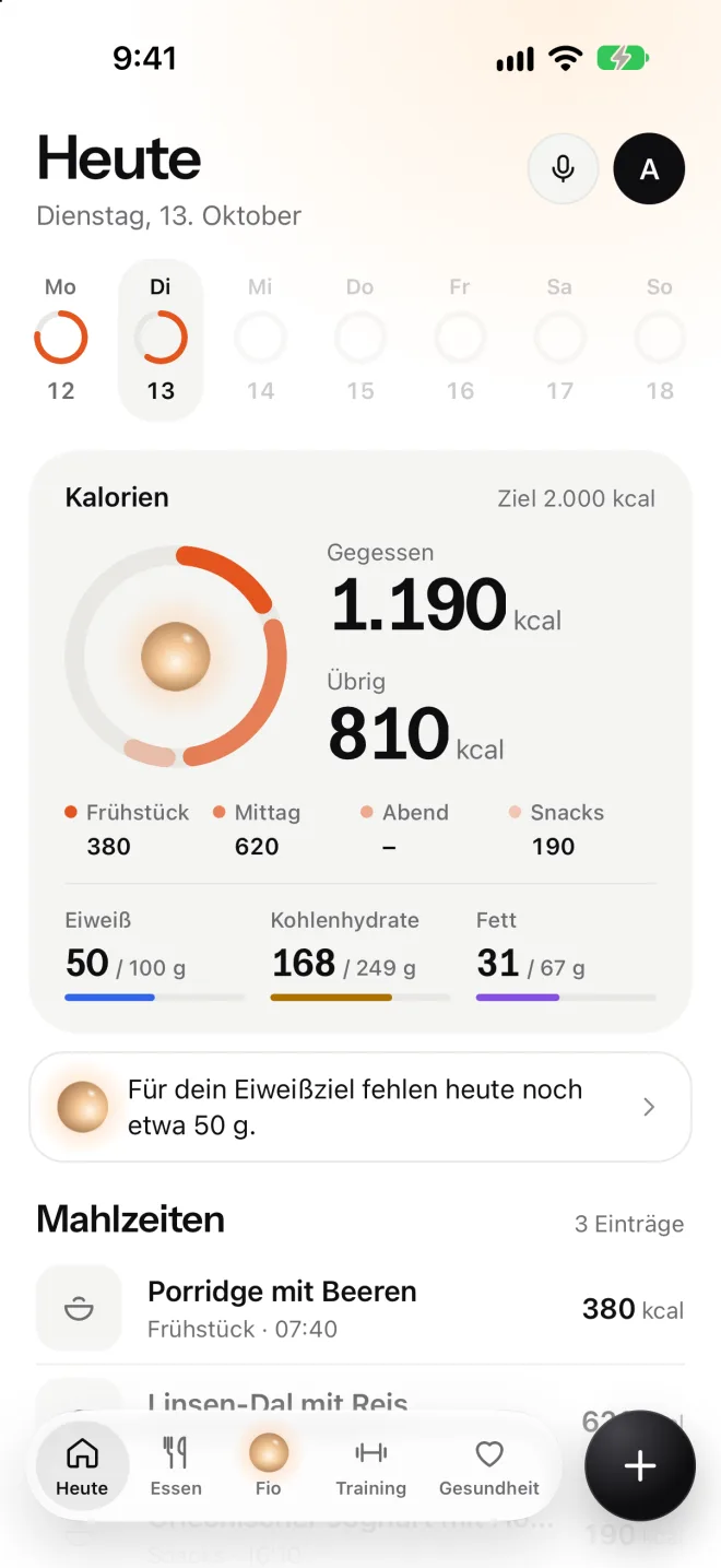 myfoody Heute: Kalorienring mit Gegessen und Übrig, Makros und Mahlzeiten