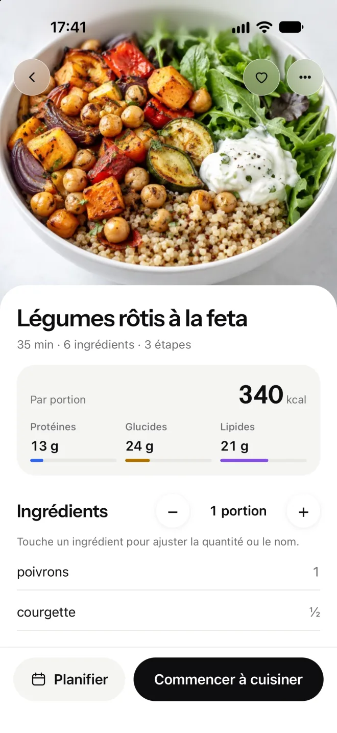 Recette myfoody avec photo, valeurs nutritionnelles par portion et ingrédients